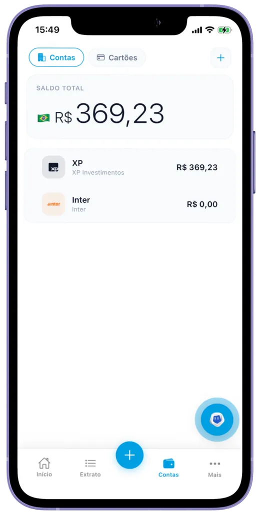Tela de contas do app CDF Finance mostrando saldo total e contas conectadas
