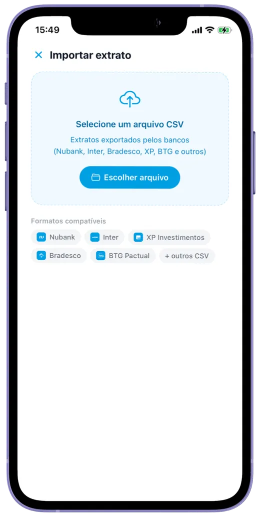 Tela de importação de extrato do app CDF Finance a partir de um arquivo CSV do banco