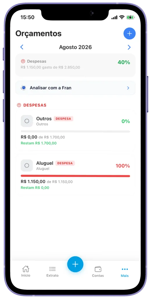 Tela de orçamentos do app CDF Finance mostrando limite por categoria