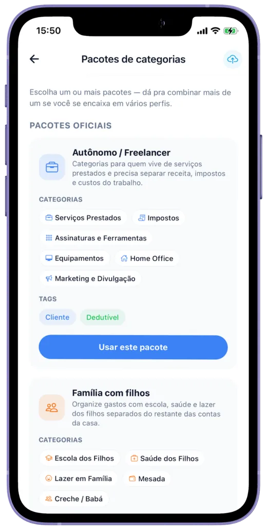 Tela de pacotes de categorias do app CDF Finance para diferentes perfis financeiros