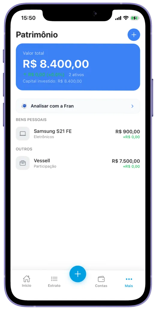 Tela de patrimônio do app CDF Finance somando bens e investimentos